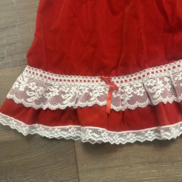VTG 80s Velvet Bib Holiday Dress Sz 6X Red White Lace Rosette Puff Sleeve Santa - Picture 15 of 15